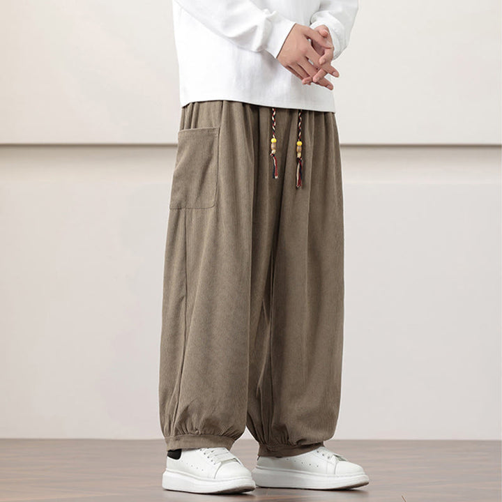 Buddha Stones無地コーデュロイドローストリングメンズハーレムパンツ（ポケット付き）