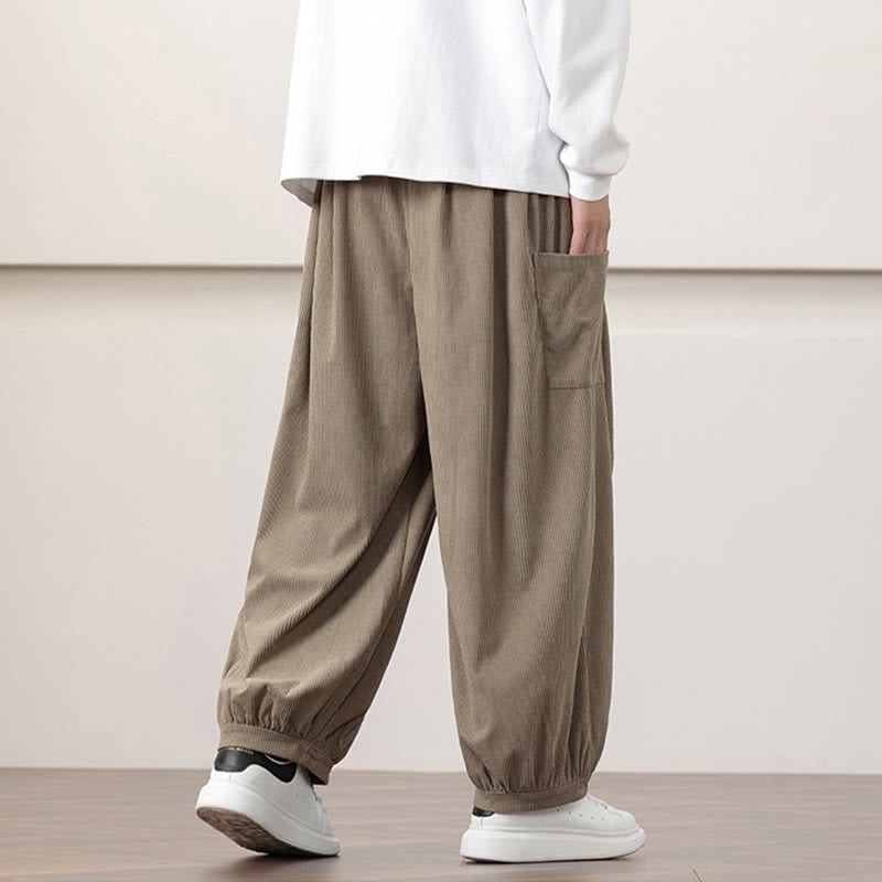 Buddha Stones無地コーデュロイドローストリングメンズハーレムパンツ（ポケット付き）