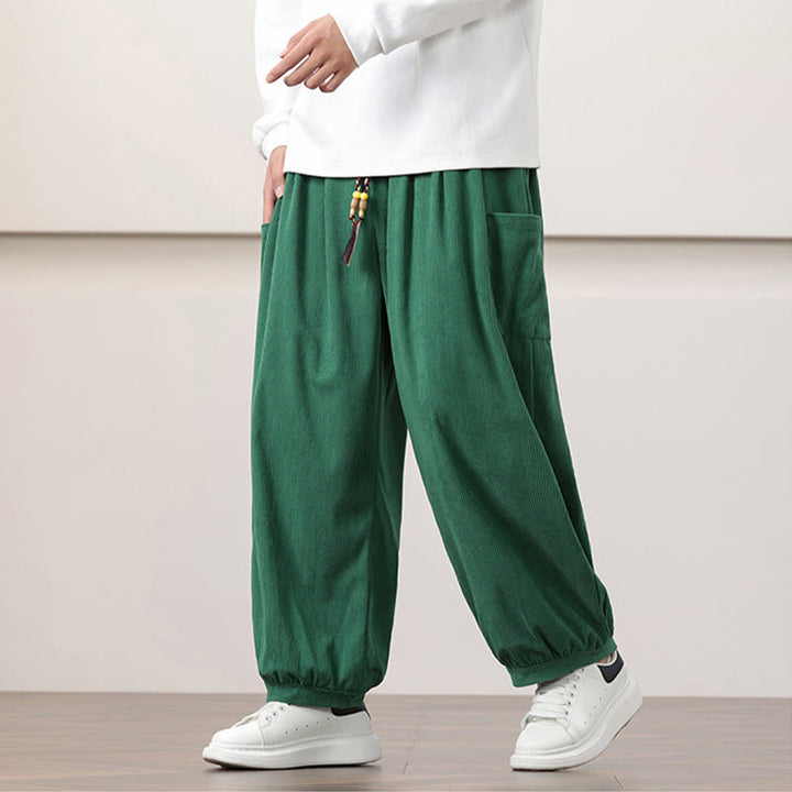 Buddha Stones無地コーデュロイドローストリングメンズハーレムパンツ（ポケット付き）