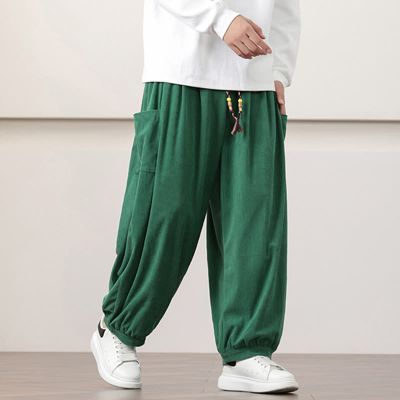 Buddha Stones無地コーデュロイドローストリングメンズハーレムパンツ（ポケット付き）