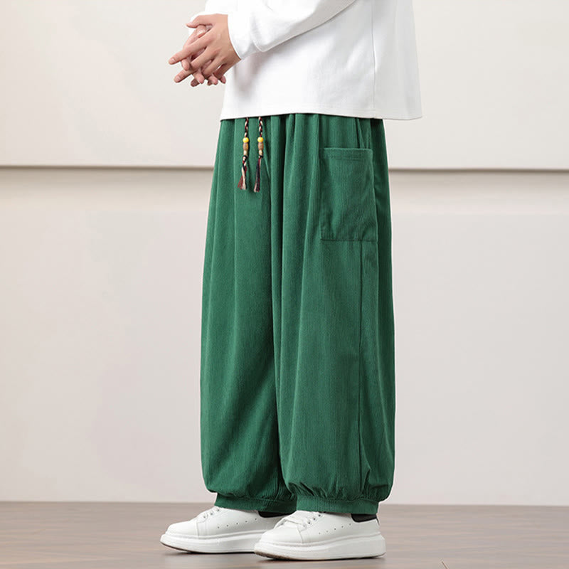 Buddha Stones無地コーデュロイドローストリングメンズハーレムパンツ（ポケット付き）