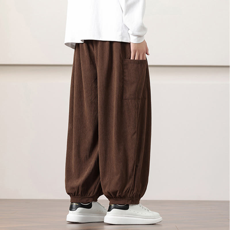 Buddha Stones無地コーデュロイドローストリングメンズハーレムパンツ（ポケット付き）