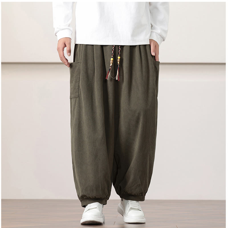 Buddha Stones無地コーデュロイドローストリングメンズハーレムパンツ（ポケット付き）