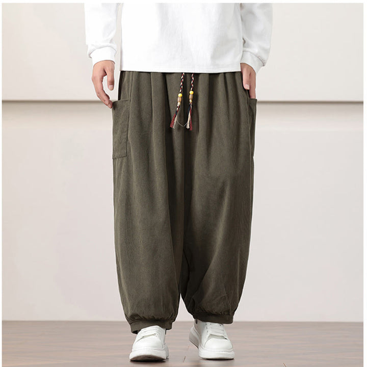 Buddha Stones無地コーデュロイドローストリングメンズハーレムパンツ（ポケット付き）