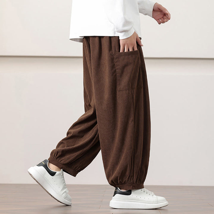 Buddha Stones無地コーデュロイドローストリングメンズハーレムパンツ（ポケット付き）