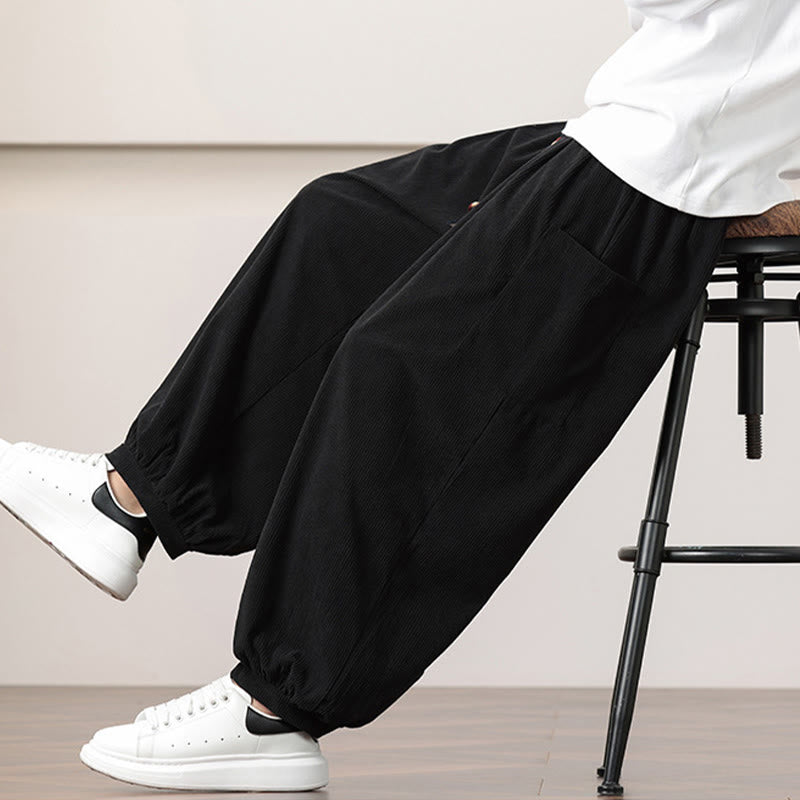 Buddha Stones無地コーデュロイドローストリングメンズハーレムパンツ（ポケット付き）