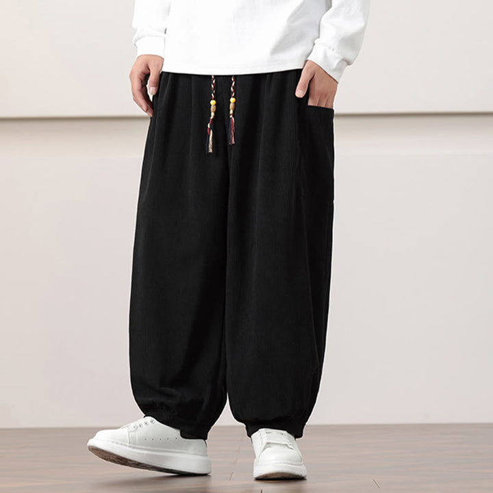 Buddha Stones無地コーデュロイドローストリングメンズハーレムパンツ（ポケット付き）