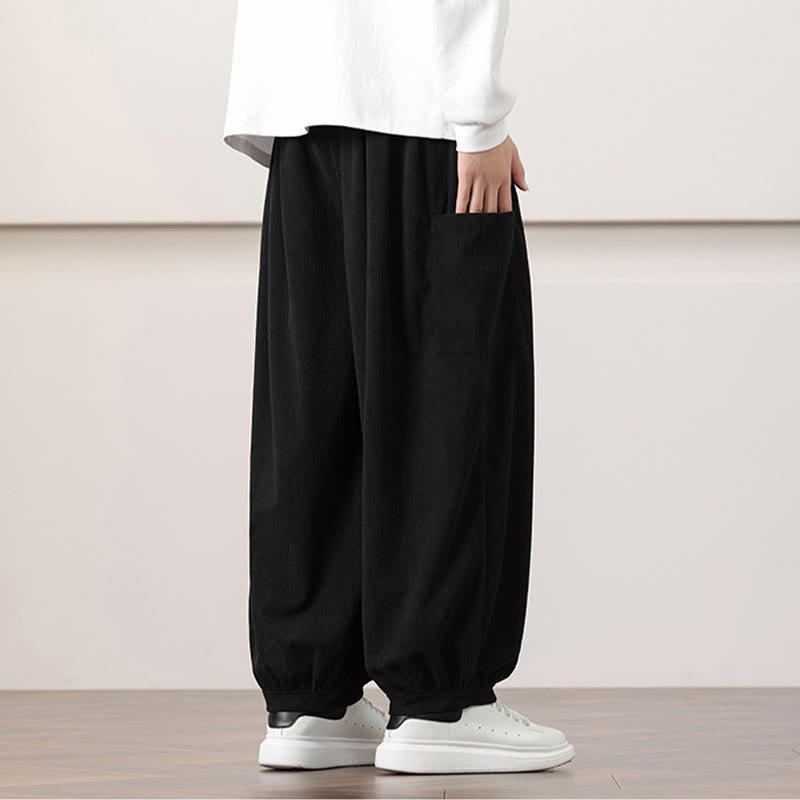 Buddha Stones無地コーデュロイドローストリングメンズハーレムパンツ（ポケット付き）