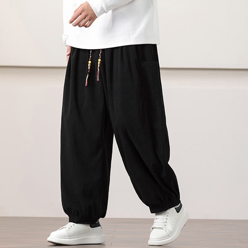 Buddha Stones無地コーデュロイドローストリングメンズハーレムパンツ（ポケット付き）