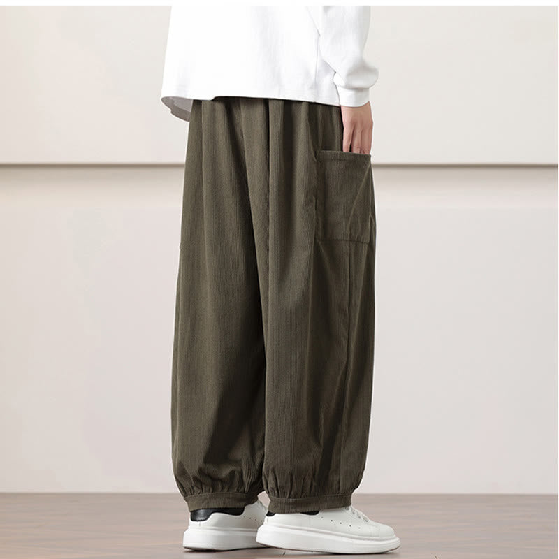 Buddha Stones無地コーデュロイドローストリングメンズハーレムパンツ（ポケット付き）