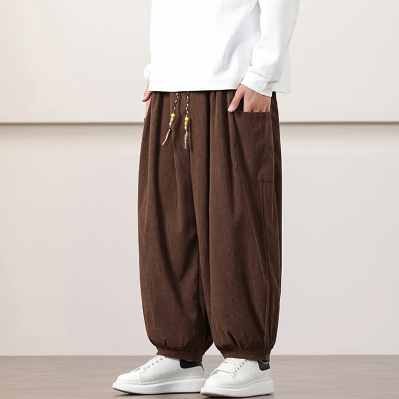 Buddha Stones無地コーデュロイドローストリングメンズハーレムパンツ（ポケット付き）
