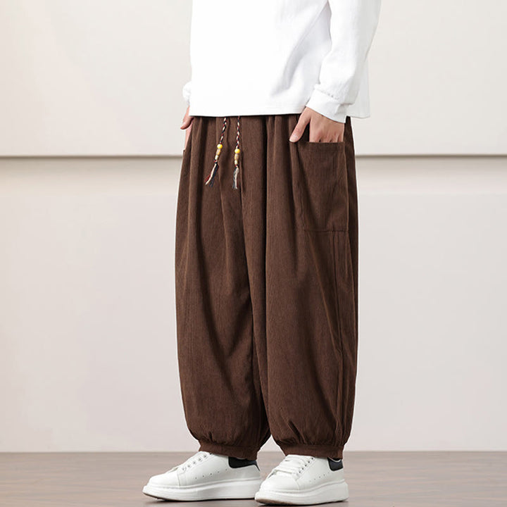 Buddha Stones無地コーデュロイドローストリングメンズハーレムパンツ（ポケット付き）
