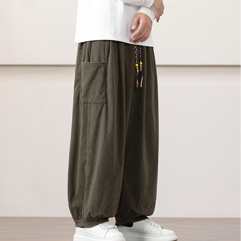 Buddha Stones無地コーデュロイドローストリングメンズハーレムパンツ（ポケット付き）