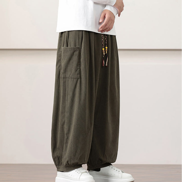 Buddha Stones無地コーデュロイドローストリングメンズハーレムパンツ（ポケット付き）