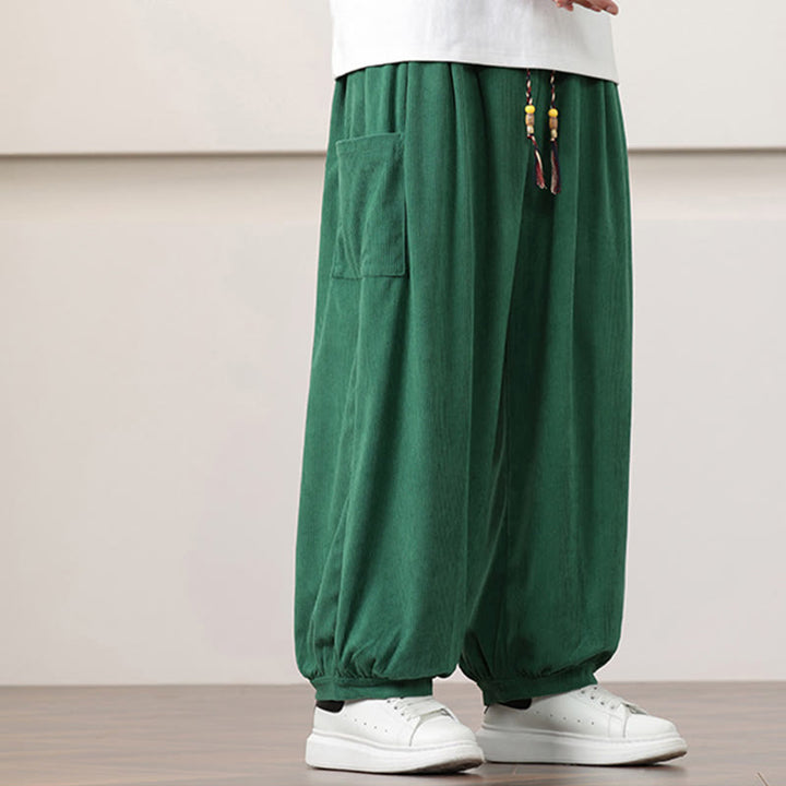 Buddha Stones無地コーデュロイドローストリングメンズハーレムパンツ（ポケット付き）