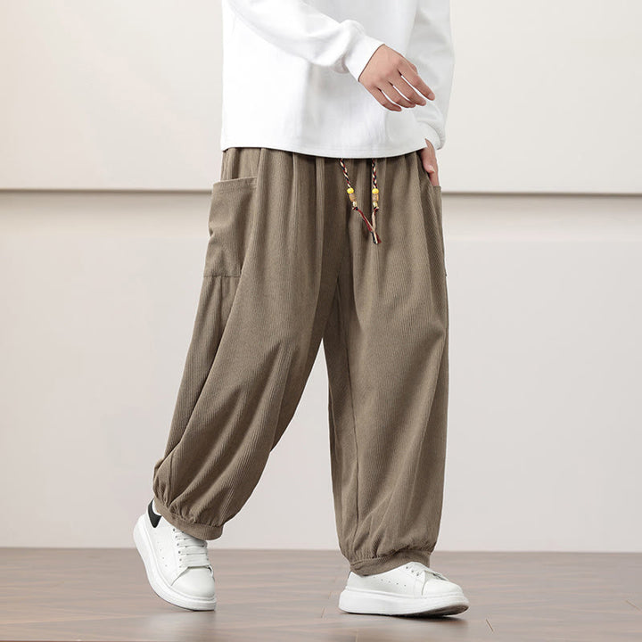 Buddha Stones無地コーデュロイドローストリングメンズハーレムパンツ（ポケット付き）