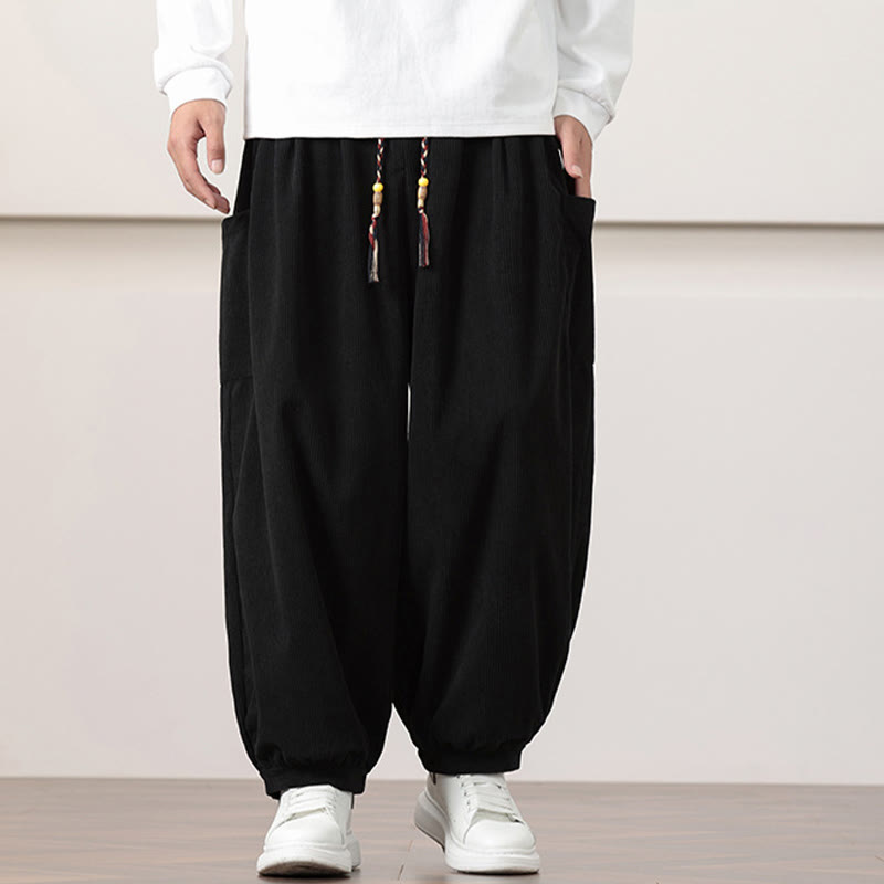Buddha Stones無地コーデュロイドローストリングメンズハーレムパンツ（ポケット付き）