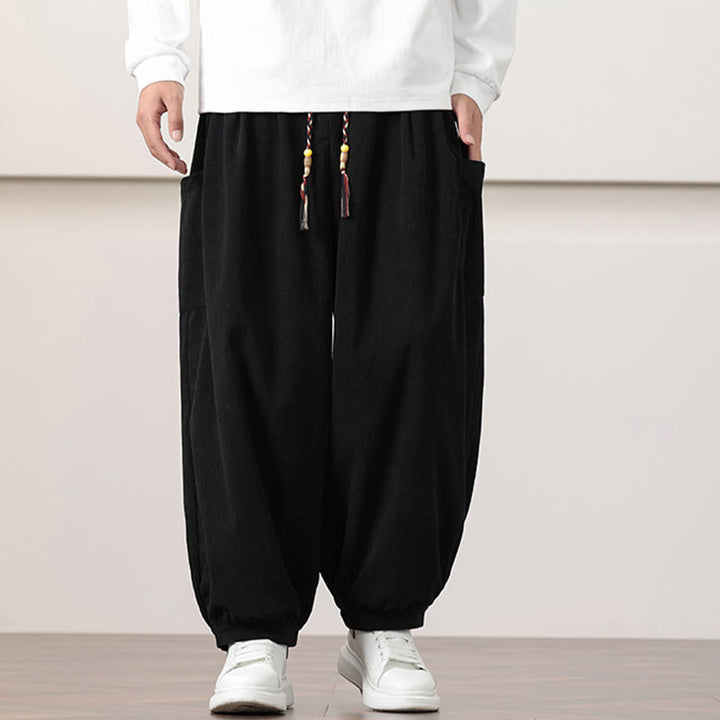 Buddha Stones無地コーデュロイドローストリングメンズハーレムパンツ（ポケット付き）