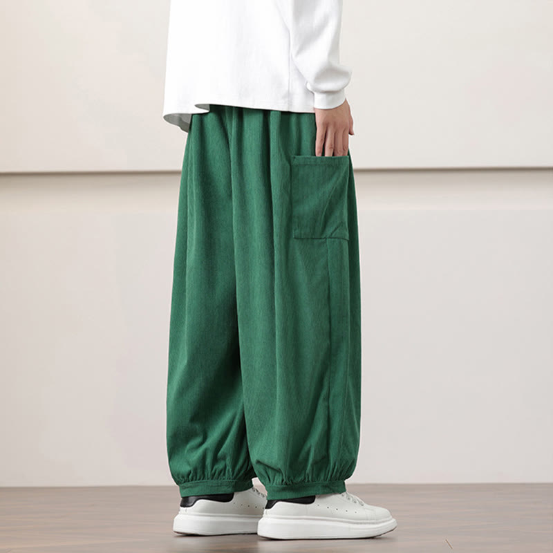 Buddha Stones無地コーデュロイドローストリングメンズハーレムパンツ（ポケット付き）