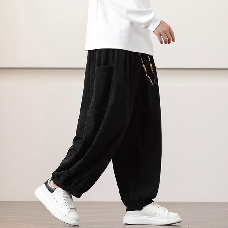 Buddha Stones無地コーデュロイドローストリングメンズハーレムパンツ（ポケット付き）