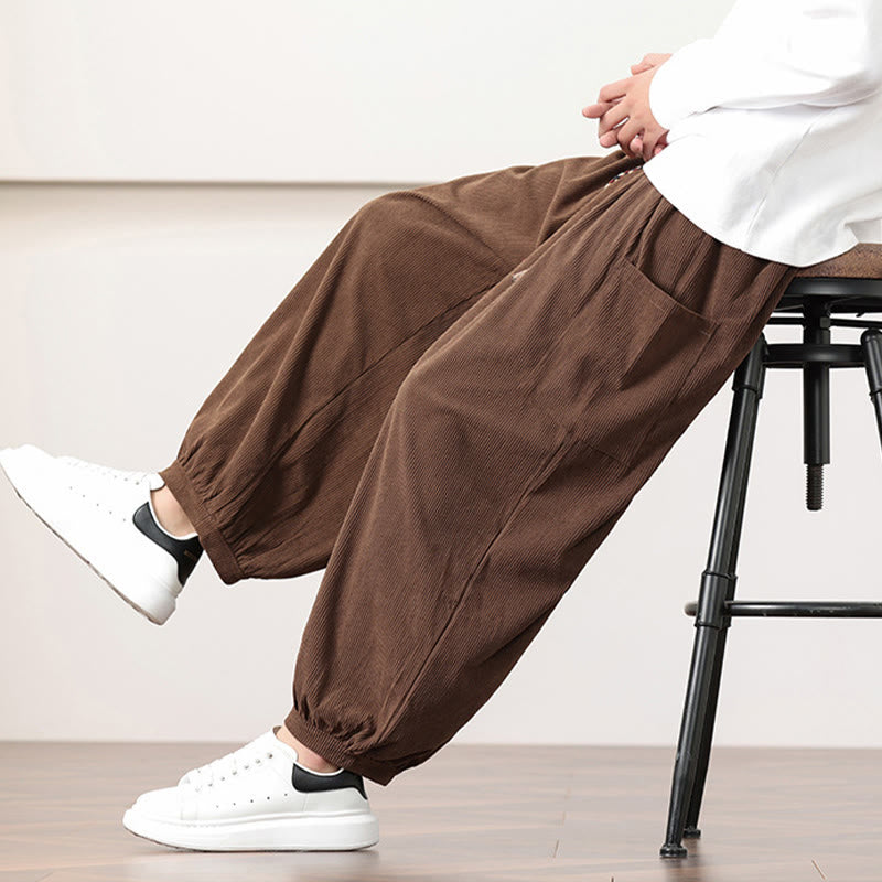 Buddha Stones無地コーデュロイドローストリングメンズハーレムパンツ（ポケット付き）