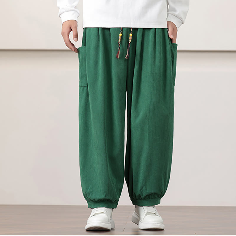Buddha Stones無地コーデュロイドローストリングメンズハーレムパンツ（ポケット付き）