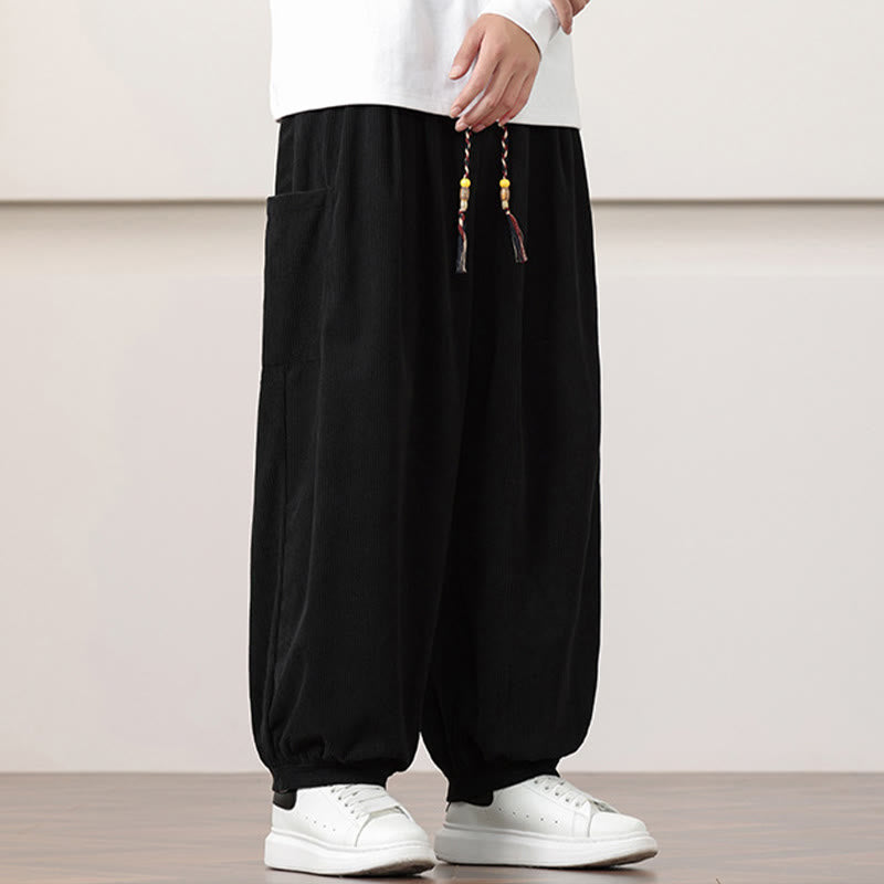 Buddha Stones無地コーデュロイドローストリングメンズハーレムパンツ（ポケット付き）