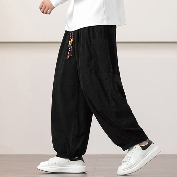 Buddha Stones無地コーデュロイドローストリングメンズハーレムパンツ（ポケット付き）