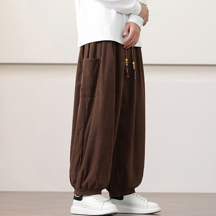 Buddha Stones無地コーデュロイドローストリングメンズハーレムパンツ（ポケット付き）
