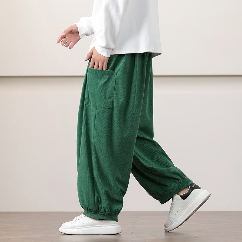 Buddha Stones無地コーデュロイドローストリングメンズハーレムパンツ（ポケット付き）