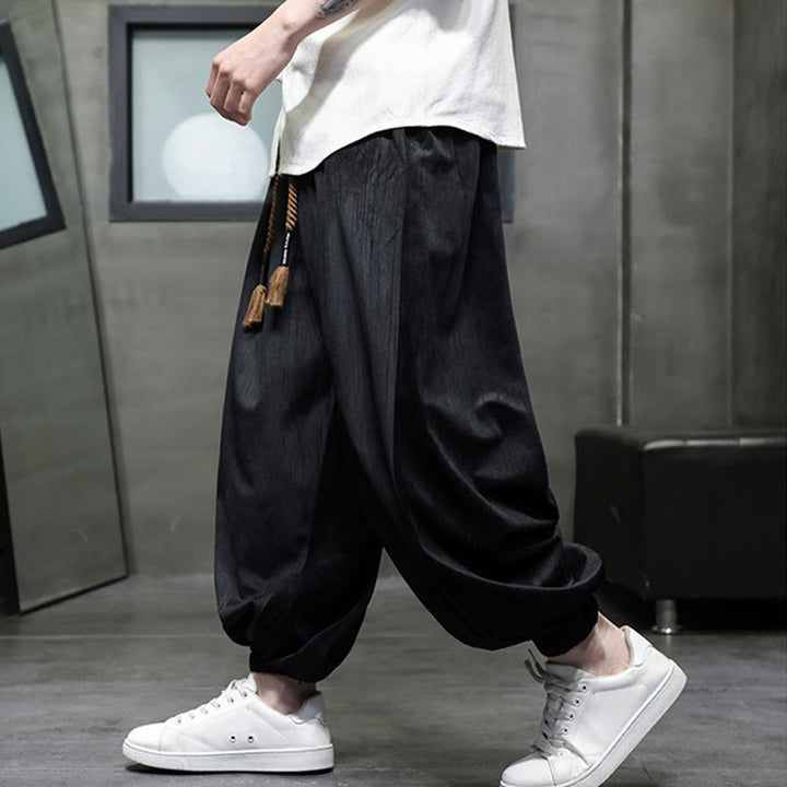 Buddha Stones無地コーデュロイドローストリングサーマルメンズハーレムパンツ（ポケット付き） - image 6