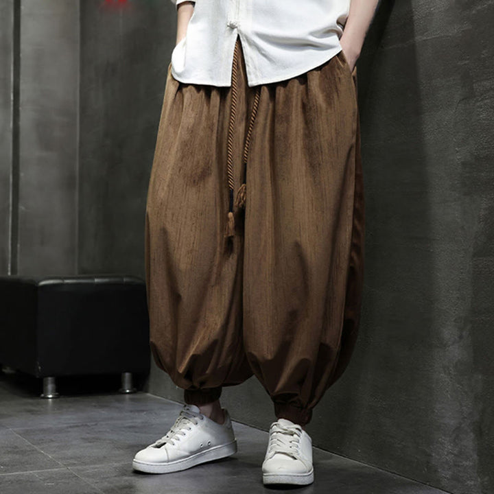 Buddha Stones無地コーデュロイドローストリングサーマルメンズハーレムパンツ（ポケット付き） - image 2