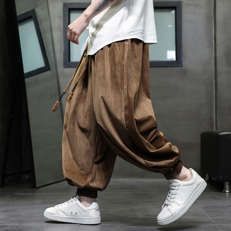 Buddha Stones無地コーデュロイドローストリングサーマルメンズハーレムパンツ（ポケット付き） - image 11