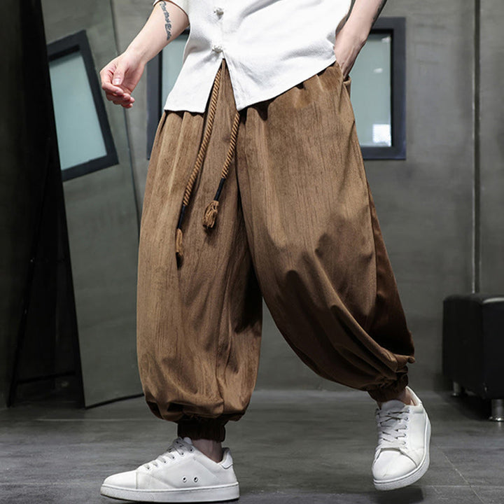 Buddha Stones無地コーデュロイドローストリングサーマルメンズハーレムパンツ（ポケット付き） - image 10