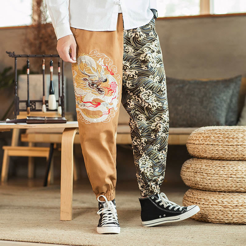 Buddha Stones龍柄ツートンポケット付きメンズパンツ - カーキ - US/UK/AU46、 EU56 (5XL) - image 6
