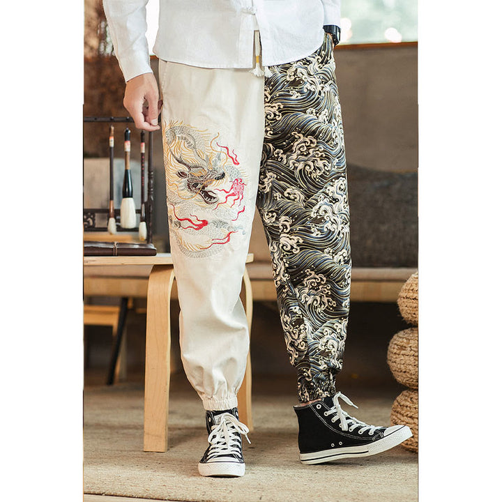 Buddha Stones龍柄ツートンポケット付きメンズパンツ - image 9