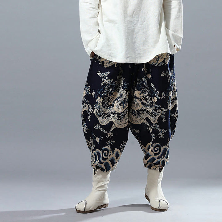 Buddha Stones中国龍柄 伸縮性ウエスト エスニック コットンリネン メンズ ポケット付きパンツ - image 3