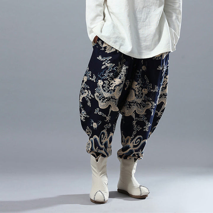 Buddha Stones中国龍柄 伸縮性ウエスト エスニック コットンリネン メンズ ポケット付きパンツ - image 5