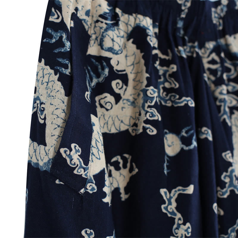 Buddha Stones中国龍柄 伸縮性ウエスト エスニック コットンリネン メンズ ポケット付きパンツ - image 8