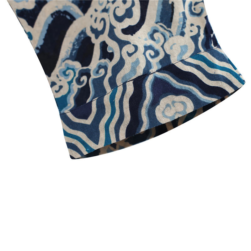 Buddha Stones中国龍柄 伸縮性ウエスト エスニック コットンリネン メンズ ポケット付きパンツ - image 9