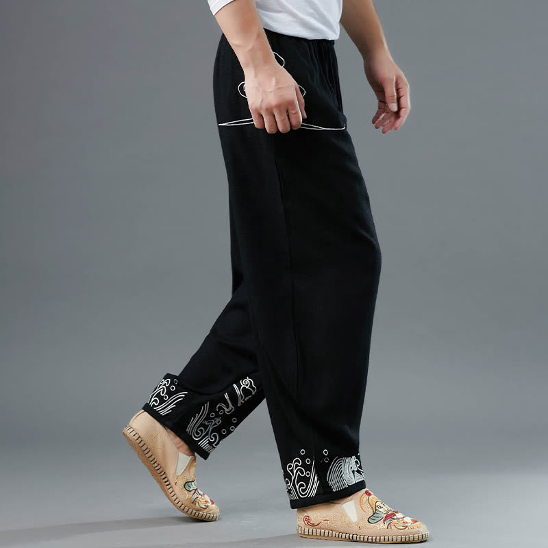 Buddha Stonesと雲の柄 伸縮性ウエスト エスニックコットン メンズ ポケット付きパンツ