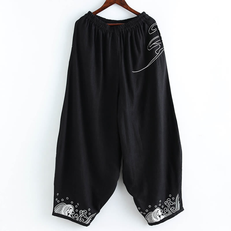 Buddha Stonesと雲の柄 伸縮性ウエスト エスニックコットン メンズ ポケット付きパンツ