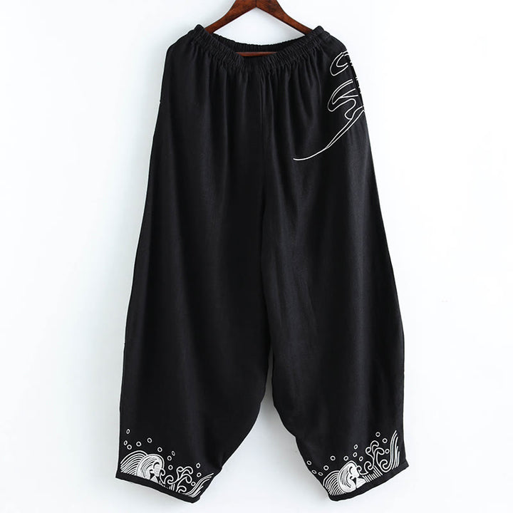 Buddha Stonesと雲の柄 伸縮性ウエスト エスニックコットン メンズ ポケット付きパンツ