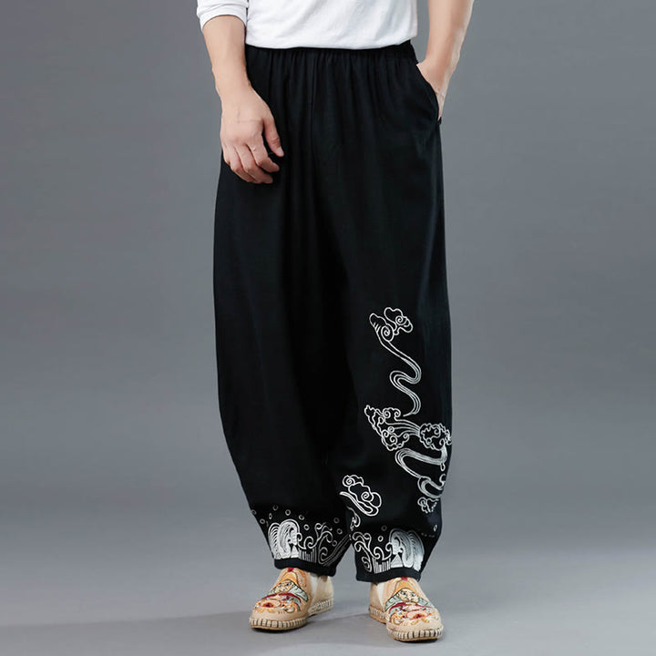 Buddha Stonesと雲の柄 伸縮性ウエスト エスニックコットン メンズ ポケット付きパンツ - image 1
