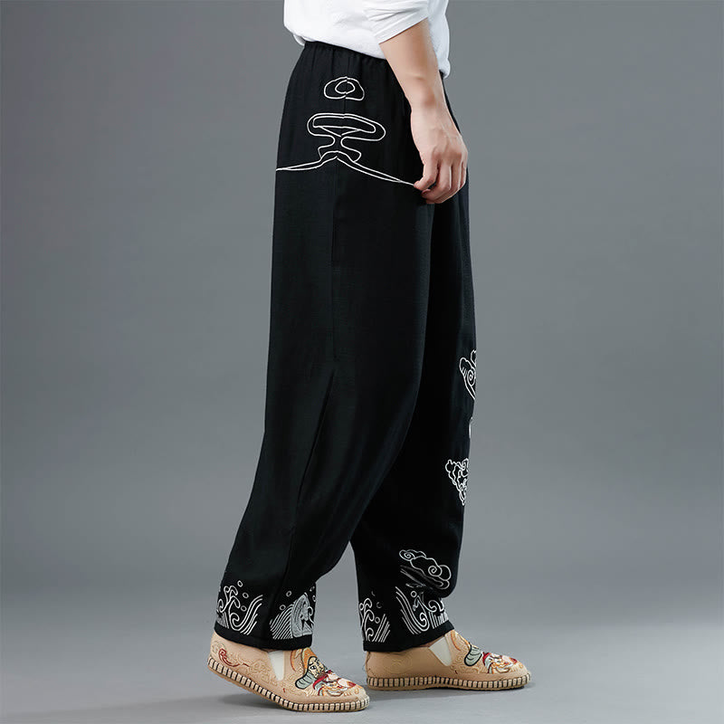 Buddha Stonesと雲の柄 伸縮性ウエスト エスニックコットン メンズ ポケット付きパンツ - image 6
