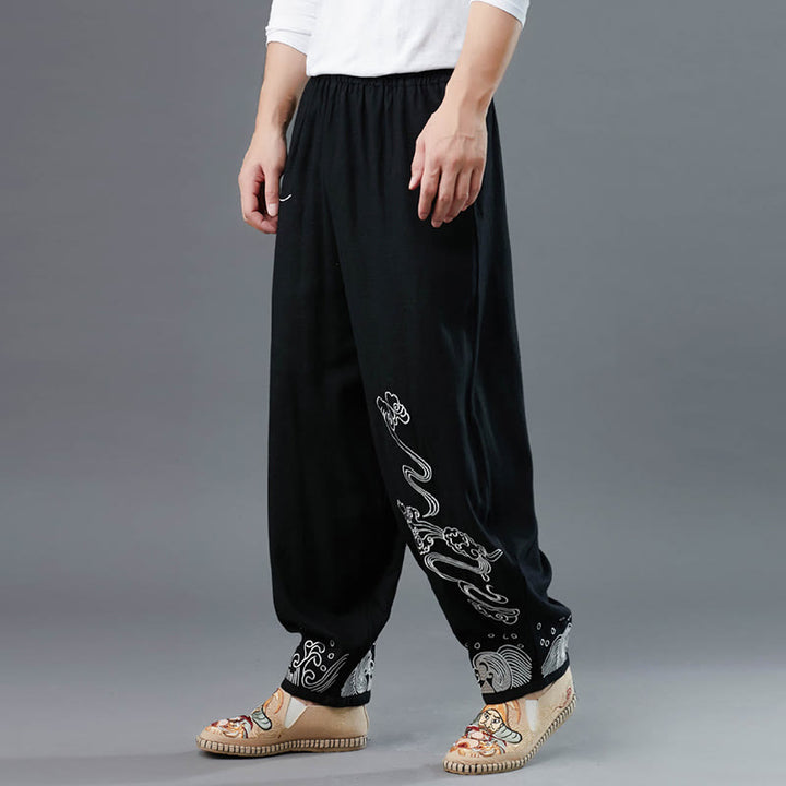 Buddha Stonesと雲の柄 伸縮性ウエスト エスニックコットン メンズ ポケット付きパンツ - image 5