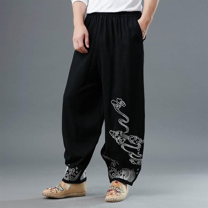 Buddha Stonesと雲の柄 伸縮性ウエスト エスニックコットン メンズ ポケット付きパンツ - 黒 - US/UK/AU38、 EU48 (XL) - image 0