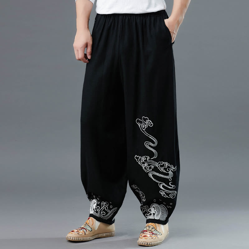 Buddha Stonesと雲の柄 伸縮性ウエスト エスニックコットン メンズ ポケット付きパンツ - image 7