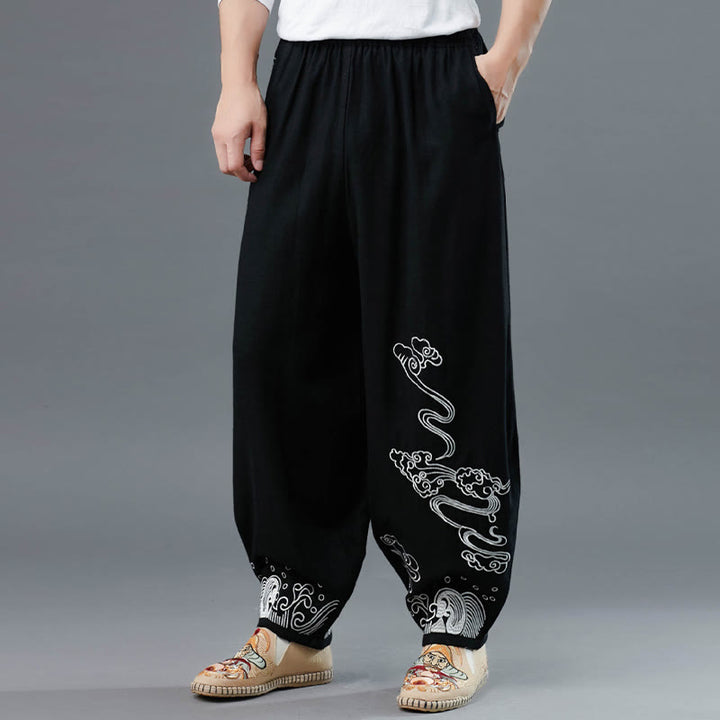 Buddha Stonesと雲の柄 伸縮性ウエスト エスニックコットン メンズ ポケット付きパンツ - image 7