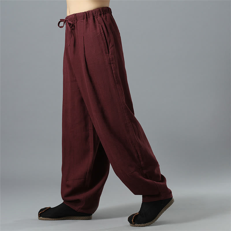 Buddha Stonesカジュアル 無地 ドローストリング コットン リネン メンズ パンツ ポケット付き - image 19